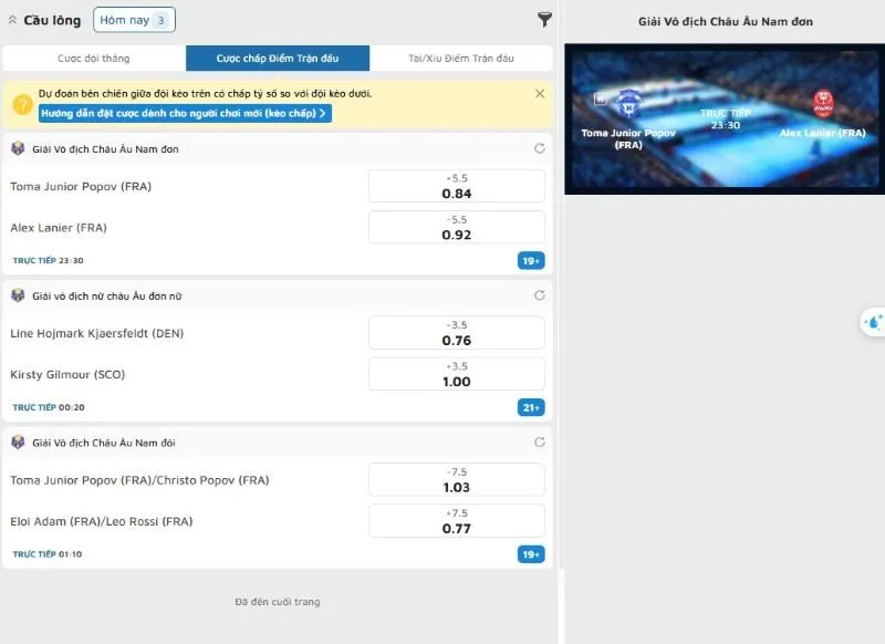 Cách chơi cá cược Cầu lông 99OK
